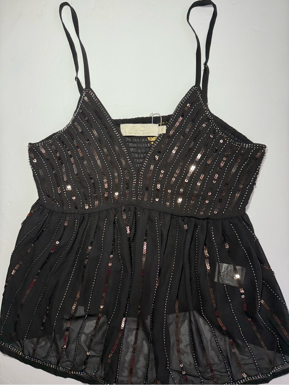 Lizette Collection Black Sequin Beaded Cami Top -Size S - Y2K Embroidered - NWT
